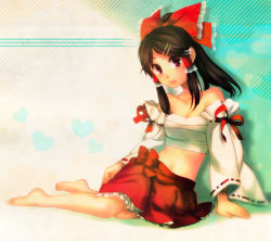 1girl bare_shoulders barefoot bow brown_hair collarbone detached_sleeves female_focus frilled_skirt frills hair_bow hair_ornament hairclip hakurei_reimu heart kayako_(tdxxxk) long_hair looking_at_viewer midriff parted_lips pink_eyes sarashi sitting skirt solo touhou