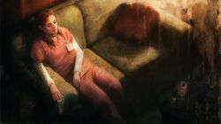 Rule 34 | 1girl, artist request, bandages, blood, concept art, couch, cup, dark, drink, drugged, drugs, dying, glass, id card, injury, konami, lisa garland, nurse, official art, painting (medium), pill, pillow, pink theme, realistic, silent hill, silent hill: shattered memories, silent hill (series), silent hill 1, sitting, sleeping, solo, table, traditional media, watercolor (medium)