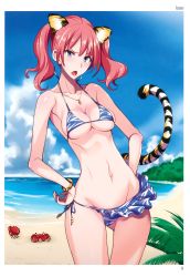 Rule 34 | 1girl, absurdres, animal ears, artist name, bare legs, bare shoulders, beach, bikini, blue eyes, bracelet, breasts, cameltoe, cat ears, cat tail, cloud, collarbone, crab, day, gluteal fold, hand on own hip, highres, isao, jewelry, looking at viewer, medium breasts, navel, necklace, open mouth, outdoors, red hair, sand, scan, side-tie bikini bottom, sky, solo, swimsuit, tail, tiger ears, tiger tail, toranoana, twintails