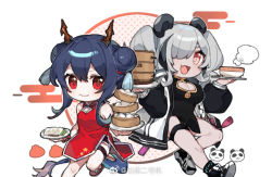 Rule 34 | 2girls, :d, animal ears, ankleband, arknights, baiwei er hao ji, bamboo steamer, baozi, black dress, black footwear, black hair, black shorts, black sleeves, blue hair, breasts, brown footwear, ch&#039;en (ageless afterglow) (arknights), ch&#039;en (arknights), chibi, china dress, chinese clothes, chinese commentary, cleavage, cleavage cutout, clothing cutout, commentary request, double bun, dragon girl, dragon horns, dragon tail, dress, fang, feater (arknights), feater (dojo star) (arknights), food, grey hair, hair between eyes, hair bun, hair over one eye, holding, holding plate, horns, infection monitor (arknights), jacket, large breasts, leg up, long hair, looking at viewer, multicolored hair, multiple girls, official alternate costume, open mouth, panda, panda ears, plate, red dress, red eyes, shorts, sidelocks, simple background, skin fang, smile, streaked hair, tail, thick eyebrows, thigh strap, weibo watermark, white background, white jacket