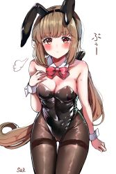 Rule 34 | 1girl, absurdres, animal ears, artist name, black bow, black leotard, black pantyhose, blush, bow, bowtie, breasts, brown eyes, brown hair, cleavage, commentary, covered navel, detached collar, fake animal ears, hair bow, highres, idolmaster, idolmaster cinderella girls, invisible chair, leotard, long hair, looking at viewer, low ponytail, medium breasts, pantyhose, playboy bunny, pout, rabbit ears, red bow, red bowtie, sak (lemondisk), simple background, sitting, solo, strapless, strapless leotard, sweat, thigh gap, thighband pantyhose, very long hair, white background, wrist cuffs, yorita yoshino