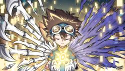 Rule 34 | 1boy, absurdres, akamine naoki, asymmetrical wings, blue shirt, brown hair, closed eyes, digimon, digimon adventure, gloves, goggles, goggles on head, gradient background, hands up, highres, male focus, metalgreymon, mismatched wings, naoki akamine, parted lips, shirt, short sleeves, skeletal wings, skullgreymon, solo, teeth, torn wings, upper body, white gloves, wings, yagami taichi