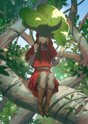 Rule 34 | 1girl, akakokko (niro azarashi), armor, belt, boots, brown belt, brown eyes, brown footwear, brown hair, chainmail, character request, closed mouth, different shadow, forest, full body, highres, holding, holding leaf, horns, in tree, leaf, long hair, long sleeves, looking at viewer, maronie oukoku no shichinin no kishi, nature, outdoors, plant, red tunic, smile, solo, tree, vines