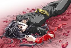 Rule 34 | 1990s (style), 1boy, black hair, claws, final fantasy, final fantasy vii, flower, long hair, lying, male focus, red eyes, ribbon, solo, vincent valentine