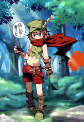 Rule 34 | 1girl, atlus, f.o.e., forest, gloves, handheld game console, hat, katy (artist), knife, map, midriff, nature, nintendo ds, ranger, ranger (sekaiju), scarf, etrian odyssey, solo, translated