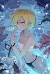 Rule 34 | 1girl, accessories, blonde hair, bubble, chest sarashi, coral, coral reef, diving mask, diving mask removed, finger to mouth, fish, flat chest, fundoshi, goggles, hair over one eye, hand on own stomach, highres, idolmaster, idolmaster cinderella girls, japanese clothes, looking at viewer, rou (rou22), sarashi, shirasaka koume, short hair, underwater