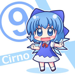 Rule 34 | circled 9, 1girl, blue eyes, blue hair, bow, chibi, cirno, dress, fang, grouse01, hair bow, ice, ice wings, matching hair/eyes, open mouth, ribbon, short hair, smile, solo, touhou, wings