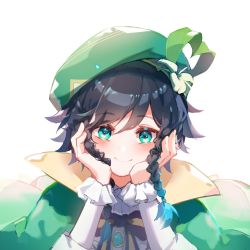 Rule 34 | 1boy, a ji, androgynous, beret, black hair, blue hair, blush, bow, braid, brooch, cape, closed mouth, collared cape, collared shirt, commentary request, flower, frilled sleeves, frills, gem, genshin impact, gradient hair, green cape, green eyes, green hat, hand on own cheek, hand on own face, hat, hat flower, jewelry, leaf, long sleeves, looking at viewer, male focus, multicolored hair, shirt, short hair with long locks, side braids, sidelocks, simple background, smile, solo, twin braids, venti (genshin impact), white background, white flower, white shirt