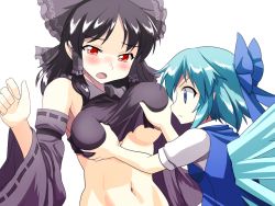 Rule 34 | 2girls, alternate color, bad id, bad pixiv id, black dress, black hair, blue dress, blue eyes, blue hair, blush, bow, grabbing another&#039;s breast, breasts, cirno, dark persona, detached sleeves, dress, grabbing, hair bow, hair tubes, hakurei reimu, ice, ice wings, large breasts, long sleeves, m.u.g.e.n, midriff, mono (moiky), multiple girls, navel, open mouth, red eyes, ribbon-trimmed sleeves, ribbon trim, shirt, toned, touhou, vest, wide sleeves, wings, yuri
