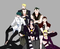 Rule 34 | 6+boys, absurdres, black hair, black sclera, blonde hair, blue hair, clothing cutout, colored sclera, crossed arms, domino mask, formaggio, ghiaccio, hat, hat bobbles, highres, illuso, jojo no kimyou na bouken, male focus, mask, melone, multiple boys, pesci, prosciutto, red eyes, red hair, risotto nero, sitting, ummi ii, vento aureo
