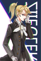 Rule 34 | 1girl, alternate costume, black coat, blonde hair, blue eyes, buttons, chromatic aberration, cigarette, coat, cowboy shot, from side, gloves, hair ornament, hair tie, hand up, highres, lipstick, long sleeves, looking at viewer, makeup, mercy (overwatch), mouth hold, overwatch, overwatch 1, pants, pink lips, ponytail, shirt, solo, white gloves