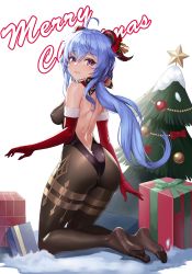 Rule 34 | 1girl, absurdres, ahoge, ass, back, backless outfit, bell, black legwear, blue hair, blush, bodystocking, bodysuit, bound, bow, box, breasts, christmas, christmas ornaments, christmas tree, commentary, covered erect nipples, curled horns, elbow gloves, feet, from behind, full body, ganyu (genshin impact), genshin impact, gift, gift box, gloves, gold trim, hair ornament, highres, horn bell, horn bow, horn ornament, horns, karmiel, kneeling, leotard, long hair, looking at viewer, looking back, low ponytail, medium breasts, merry christmas, multicolored eyes, no shoes, purple eyes, red bow, red gloves, sidelocks, smile, soles, solo, thighlet, thighs, very long hair