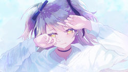 Rule 34 | bow, choker, crying, crying with eyes open, earrings, hair bow, jewelry, looking at viewer, namako (namacotan), purple hair, re:act, shishigami leona, simple background, tears, two side up, upper body, virtual youtuber, yellow eyes