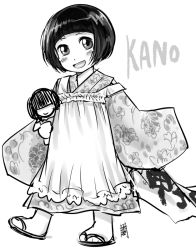Rule 34 | 1girl, :d, antaria, apron, black hair, blunt bangs, blush, floral print, geta, greyscale, hime cut, japanese clothes, kimono, long sleeves, looking at viewer, monochrome, open mouth, short hair, signature, smile, solo, tabi, walking, white background, wide sleeves