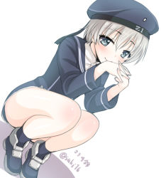 Rule 34 | 10s, 1girl, beret, blue eyes, blush, clothes writing, dress, hat, kantai collection, looking at viewer, own hands clasped, own hands together, sailor dress, sailor hat, saki chisuzu, short hair, silver hair, solo, squatting, twitter username, z1 leberecht maass (kancolle)