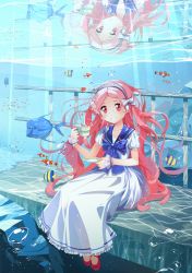 Rule 34 | 1girl, bad id, bad pixiv id, blue sailor collar, bow, bubble, clownfish, cup, dress, fish, hairband, highres, long hair, mangsangkkuing, original, pink hair, plate, railing, red eyes, reflection, ribbon, ruins, sailor collar, shoes, sitting, smile, solo, underwater, water