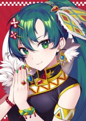 Rule 34 | 1girl, armlet, bare shoulders, bead bracelet, beads, black dress, bracelet, closed mouth, dress, earrings, eyeshadow, feather hair ornament, feathers, fingernails, fire emblem, fire emblem: the blazing blade, green eyes, green hair, green nails, hair ornament, hairclip, highres, jewelry, looking at viewer, lyn (fire emblem), makeup, multicolored nails, nail polish, nintendo, ponytail, red nails, ring, ringozaka mariko, scrunchie, sleeveless, sleeveless dress, smile, solo, two-tone background, upper body, wrist scrunchie