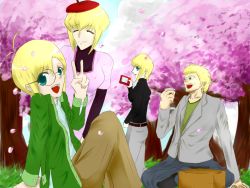 Rule 34 | 2boys, 2girls, ada clover, antenna hair, aqua eyes, arc system works, artist request, belt, beret, blazblue, blonde hair, breasts, brother and sister, camera, carl clover, casual, cherry blossoms, closed eyes, facial hair, family, father and daughter, father and son, forest, grass, green eyes, happy, hat, husband and wife, ignis clover, jacket, light smile, looking at viewer, looking back, mother and daughter, mother and son, multiple boys, multiple girls, nature, open mouth, pants, relius clover, short hair, siblings, sitting, smile, tree
