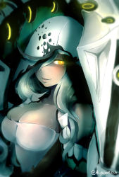 Rule 34 | 1girl, abyssal ship, armpit peek, blush, breasts, buried air defense hime, cleavage, dated, gloves, glowing, glowing eyes, hair over eyes, hi ye, highres, kantai collection, large breasts, long hair, looking at viewer, one eye covered, open mouth, silver hair, smile, solo, twitter username, yellow eyes