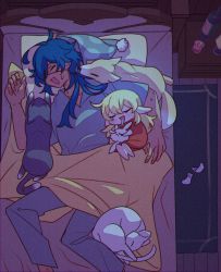 Rule 34 | 1boy, 1girl, :d, ^ ^, absurdres, ahoge, alternate costume, alternate hairstyle, bed, bed sheet, bedroom, black hair, blanket, blonde hair, bottle, cabinet, cat, closed eyes, collarbone, commentary, cup, dark-skinned male, dark skin, dodoco (genshin impact), dog, hugging doll, drinking glass, drooling, english commentary, enpitsu01, eyepatch, fox, from above, genshin impact, hair between eyes, hair down, highres, hot, kaeya (genshin impact), klee (genshin impact), long hair, low ponytail, lying, lying on person, hugging object, on back, open mouth, pajamas, pillow, pointy ears, short sleeves, sidelocks, size difference, sleeping, sleeping on person, smile, stuffed animal, stuffed toy, under covers, wine bottle