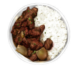 Rule 34 | beef, bowl, commentary request, food, food focus, from above, makanesque, no humans, onion, original, rice bowl, simple background, stew, still life, white background