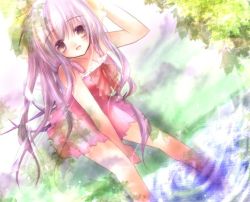Rule 34 | 1girl, between thighs, brown eyes, dress, dutch angle, grass, ichiyou moka, long hair, looking up, md5 mismatch, purple hair, ripples, shade, sitting, soaking feet, solo, sparkle, thighs, tree, wading, water