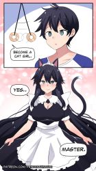 Rule 34 | 1boy, 1girl, 2koma, @ @, absurdres, animal ears, apron, black hair, blush, breasts, cat ears, cat girl, cat tail, cleavage cutout, clothes lift, clothing cutout, coin, coin on string, collarbone, comic, dress, english text, frills, genderswap, genderswap (mtf), green eyes, hair between eyes, highres, hinghoi, holed coin, hypnosis, large breasts, long hair, looking at viewer, maid, maid apron, maid headdress, male focus, mind control, open mouth, original, puffy sleeves, simple background, skirt, skirt lift, smile, speech bubble, symbol-shaped pupils, tail, transformation, victorian maid, waist apron