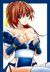 Rule 34 | 1girl, bare shoulders, blue border, border, breasts, brown eyes, brown hair, choker, cleavage, clothes pull, collarbone, cowboy shot, dead or alive, dress pull, female focus, kasumi (doa), kettsu, large breasts, long hair, looking at viewer, obi, off shoulder, parted lips, pelvic curtain, ponytail, puffy short sleeves, puffy sleeves, sash, short sleeves, simple background, sitting, solo, sweat, thighhighs, undressing, upper body, white background, white thighhighs