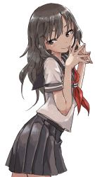 Rule 34 | 1girl, absurdres, black skirt, blush, brown eyes, brown hair, closed mouth, cowboy shot, fingers together, from side, highres, long hair, looking at viewer, looking to the side, miniskirt, neckerchief, original, pleated skirt, school uniform, serafuku, shirt, short sleeves, simple background, sketch, skirt, sleeve cuffs, smile, solo, steepled fingers, white background, white shirt, yamamoto souichirou