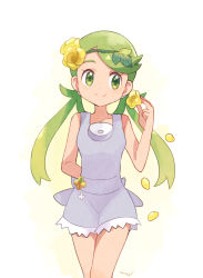 Rule 34 | 1girl, arm behind back, artist name, bad id, bad pixiv id, badge, breasts, closed mouth, cowboy shot, creatures (company), falling petals, female focus, flower, game freak, green eyes, green hair, hair flower, hair ornament, holding, holding flower, jumpsuit, leaf hair ornament, long hair, mallow (pokemon), matching hair/eyes, mei (maysroom), nintendo, petals, pokemon, pokemon sm, short jumpsuit, simple background, small breasts, smile, solo, standing, swept bangs, trial captain, twintails, white background, yellow flower
