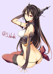 Rule 34 | 10s, 1girl, ass, back, black hair, black panties, boots, breasts, butt crack, elbow gloves, fingerless gloves, gloves, headgear, kantai collection, kikuchi seiji, looking back, nagato (kancolle), panties, personification, purple background, red eyes, sitting, solo, thigh boots, thighhighs, thong, underwear, yokozuwari