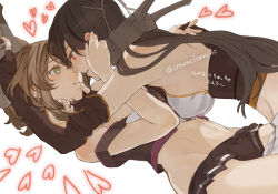 Rule 34 | 10s, 2girls, artist name, bare shoulders, black gloves, black hair, brown hair, comic, cosmic (crownclowncosmic), elbow gloves, eye contact, fingerless gloves, gloves, grabbing another&#039;s chin, green eyes, hand on another&#039;s chin, headgear, heart, imminent kiss, kantai collection, long hair, looking at another, midriff, miniskirt, multiple girls, mutsu (kancolle), nagato (kancolle), off shoulder, pleated skirt, red eyes, simple background, skirt, white background, yuri