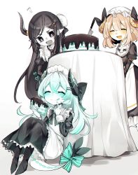 Rule 34 | 3girls, :d, :q, ^ ^, apron, astaroth (noyuki13), bad id, bad twitter id, black bow, black dress, black eyes, black hair, blonde hair, blush, bow, bun cover, cake, chocolate mint, closed eyes, colored skin, commentary, demon horns, dragon tail, dress, eating, food, frilled dress, frills, green bow, hair bow, hat, highres, horns, juliet sleeves, knife, long hair, long sleeves, looking at another, maid, medium hair, mint chocolate, mob cap, multiple girls, noyuki13, open mouth, original, pointy ears, puffy sleeves, sitting, smile, table, tablecloth, tail, tail bow, tail ornament, tongue, tongue out, very long hair, white apron, white hair, white skin