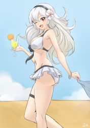 Rule 34 | 1girl, absurdres, ass, beach, bikini, black hairband, breasts, cleavage, cloud, commission, corrin (female) (fire emblem), corrin (fire emblem), cup, day, deekei, fire emblem, fire emblem fates, hair ornament, hairband, highres, holding, holding cup, juice, large breasts, long hair, looking at viewer, nintendo, one eye closed, open mouth, pointy ears, red eyes, sand, silver hair, skirt, sky, smile, solo, swimsuit, thigh strap, tongue