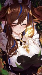 Rule 34 | 1girl, absurdres, animal ears, asymmetrical hair, blush, breasts, brown hair, closed eyes, detached sleeves, extra ears, frilled sleeves, frills, galleon (granblue fantasy), gloves, granblue fantasy, highres, horns, large breasts, long hair, multicolored hair, pointy ears, smile, solo, streaked hair, tobiko, very long hair, white gloves