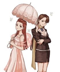 Rule 34 | 2girls, ace attorney, asymmetrical bangs, black jacket, blazer, blush, braid, breasts, brown eyes, brown hair, bug, butterfly, cleavage, closed mouth, dahlia hawthorne, dress, formal, highres, holding, holding umbrella, insect, jacket, jewelry, long hair, looking at viewer, magatama, magatama necklace, medium breasts, mia fey, mole, mole under mouth, multiple girls, necklace, parasol, pink shawl, red eyes, red hair, renshu usodayo, scarf, shawl, simple background, skirt, skirt suit, smile, standing, suit, umbrella, white background, white butterfly, white dress, white umbrella, yellow scarf