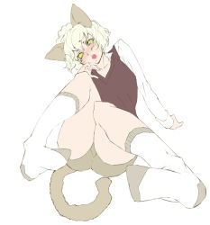 Rule 34 | 1boy, androgynous, animal ears, bike shorts, blonde hair, blush, cat ears, cat tail, feet, hunter x hunter, male focus, miwa hitomi, neferpitou, open mouth, other focus, short hair, sitting, socks, solo, sweater vest, tail, trap, vest, wavy hair, yellow eyes
