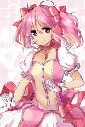 Rule 34 | 10s, 1girl, ahoge, bow, breasts, choker, dress, gloves, hair bow, kaname madoka, magical girl, magister, mahou shoujo madoka magica, mahou shoujo madoka magica (anime), pink eyes, pink hair, puffy short sleeves, puffy sleeves, short sleeves, short twintails, solo, soul gem, twintails, white gloves