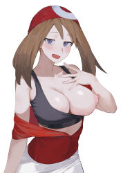 Rule 34 | 1girl, absurdres, bandana, black bra, blue eyes, bra, breasts, brown hair, cleavage, creatures (company), game freak, half-closed eyes, highres, keiz, large breasts, looking at viewer, may (pokemon), nintendo, nipples, off shoulder, one breast out, open clothes, open mouth, open shirt, pokemon, pokemon rse, red bandana, red shirt, shirt, short hair with long locks, sidelocks, simple background, skirt, solo, sports bra, underwear, white background, white skirt
