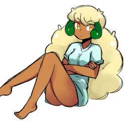 Rule 34 | 1girl, artist request, ass, blue shirt, bottomless, breasts, creatures (company), crossed arms, dark-skinned female, dark skin, female focus, game freak, gen 5 pokemon, jpeg artifacts, long hair, looking to the side, naked shirt, nintendo, pajamas, personification, pie (aipiepo), platinum blonde hair, pokemon, pokemon bw, shirt, short sleeves, simple background, sitting, small breasts, solo, source request, whimsicott, white background, yellow eyes