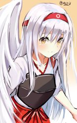 Rule 34 | 10s, 1girl, hairband, heart, heart-shaped pupils, highres, i.f.s.f, kantai collection, long hair, looking at viewer, muneate, orange background, shoukaku (kancolle), smile, solo, symbol-shaped pupils, upper body, white hair, white wings, wings, yellow eyes