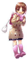Rule 34 | 00s, 1girl, bag, blush, boots, brown eyes, brown hair, cardigan, chise, chise (saishuu heiki kanojo), flute, full body, hair ornament, hairpin, hamamo, instrument, original, pink footwear, pink scarf, recorder, saishuu heiki kanojo, scarf, short hair, simple background, skirt, smile, solo, standing, white background, winter clothes