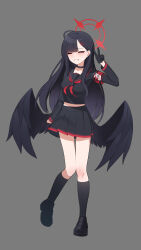 Rule 34 | 1girl, armband, black choker, black footwear, black gloves, black hair, black sailor collar, black serafuku, black skirt, black socks, black wings, blue archive, choker, closed eyes, facing viewer, feathered wings, full body, gloves, grey background, hair ornament, hairclip, halo, highres, ichika (blue archive), kneehighs, loafers, long sleeves, low wings, midriff peek, neckerchief, red armband, red neckerchief, safety pin, sailor collar, school uniform, serafuku, shoes, simple background, skirt, smile, socks, solo, tost (cloi123), v, wings