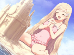 Rule 34 | 00s, 1girl, barefoot, beach, blonde hair, blush, daisy, day, dutch angle, closed eyes, fault!!, flower, frilled swimsuit, frills, game cg, hair flower, hair ornament, own hands clasped, happy, hayama rika, long hair, one-piece swimsuit, own hands together, sand castle, sand sculpture, sitting, smile, solo, swimsuit, tony taka, very long hair, wariza