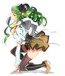 Rule 34 | 1girl, black thighhighs, boots, c.c., code geass, cosplay, creayus, detached sleeves, drill hair, full body, green hair, hat, high heels, knee boots, kneeling, long hair, mahou shoujo madoka magica, mahou shoujo madoka magica (anime), sidelocks, simple background, smile, solo, striped clothes, striped thighhighs, thighhighs, tomoe mami, tomoe mami (cosplay), twin drills, twitter username, vertical-striped clothes, vertical-striped thighhighs, white background, yellow eyes