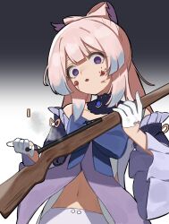 Rule 34 | 1girl, :o, blood, blood on face, blue hair, bow, detached sleeves, empty eyes, flasso, frilled sleeves, frills, genshin impact, gloves, gradient background, gun, half gloves, highres, holding, holding gun, holding weapon, long hair, looking at viewer, multicolored hair, parted lips, pink hair, purple eyes, reloading, rifle, sangonomiya kokomi, simple background, solo, weapon, white gloves