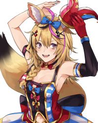 Rule 34 | 1girl, :d, animal ear fluff, animal ears, armband, armpits, black gloves, blonde hair, blue bow, blue nails, blush, bow, braid, breasts, cleavage, clothing cutout, dress, elbow gloves, facial tattoo, fluffy, fox ears, fox tail, gloves, gold trim, hair between eyes, hair bow, hair ornament, hair over shoulder, hands up, hat, heart, heart-shaped pupils, highres, hololive, jester cap, kamu (kamuuei), long hair, looking at viewer, medium breasts, multicolored clothes, multicolored dress, multicolored hair, multicolored nails, nail polish, navel cutout, omaru polka, omaru polka (1st costume), open mouth, purple eyes, red gloves, red nails, simple background, single glove, smile, solo, streaked hair, symbol-shaped pupils, tail, tattoo, upper body, virtual youtuber, white background, x hair ornament, yellow tail