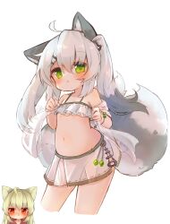 Rule 34 | 2girls, ahoge, animal ears, bare shoulders, bikini, bikini skirt, blush, cat hair ornament, chestnut mouth, contrapposto, cropped legs, ear down, flat chest, fluffy, frilled bikini, frills, green eyes, grey hair, hair between eyes, hair ornament, hairclip, hands up, heart, heart-shaped pupils, highres, long hair, looking at viewer, miniskirt, multicolored hair, multiple girls, multiple tails, navel, original, parted lips, see-through, sidelocks, simple background, skirt, solo focus, stomach, sunapua, swimsuit, symbol-shaped pupils, tail, twintails, two-tone bikini, wet, white background, white hair, white skirt