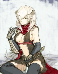 Rule 34 | 1girl, armor, assassin cross (ragnarok online), black gloves, black thighhighs, breasts, brown horns, brown leotard, cleavage, closed mouth, commentary request, dagger, elbow gloves, expressionless, feet out of frame, gloves, hair between eyes, half-closed eyes, highres, horns, knife, kusabi (aighe), leotard, long bangs, long hair, looking at viewer, medium breasts, navel, pauldrons, planted, planted knife, planted weapon, pointy ears, ragnarok online, red scarf, revealing clothes, scarf, shoulder armor, sideboob, sitting, solo, thighhighs, vambraces, weapon, white hair, yellow eyes