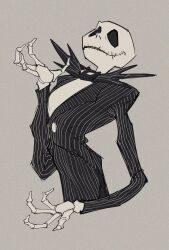 Rule 34 | 1boy, black bow, black bowtie, black jacket, bow, bowtie, cropped torso, grey background, high collar, highres, jack skellington, jacket, long arms, long sleeves, male focus, monochrome, parted lips, pinstripe pattern, shirt, skeleton, solo, striped clothes, striped jacket, the nightmare before christmas, uochandayo, white shirt